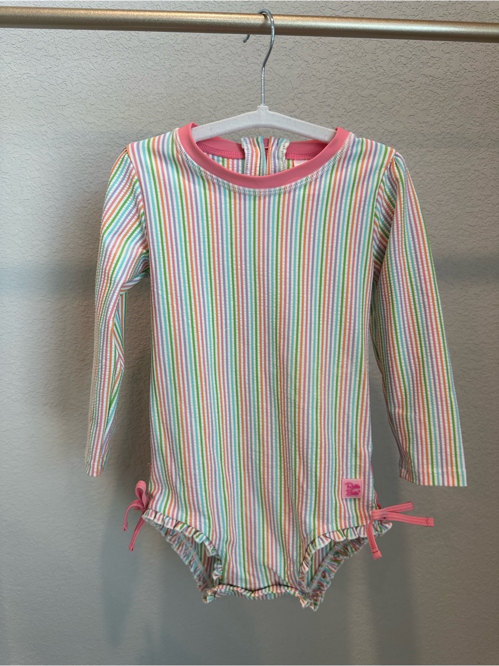Ruffle Butts Long-Sleeve One-Piece Swimsuit - Pink Multicolor Stripes